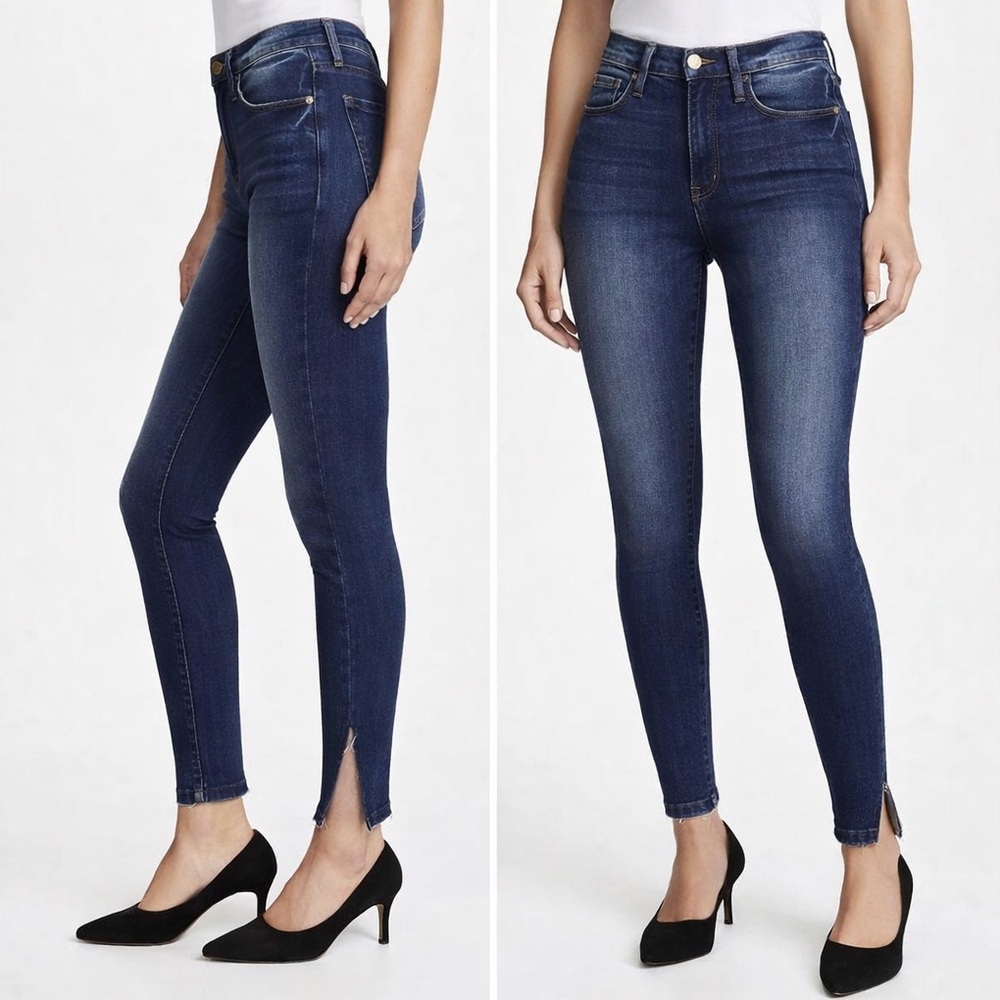 FRAME Le High Skinny Jeans Side Slit Raw Hem Blue Denim Size 26